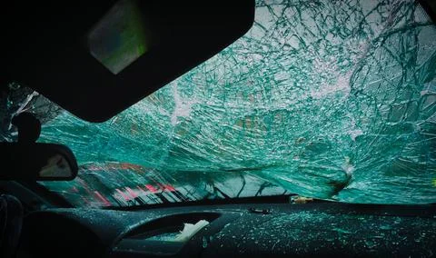 Closeup of car with broken windshield, Accident of car Stock Photos