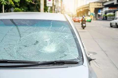 Closeup of car with broken windshield, Accident of car, Selective focus Stock Photos