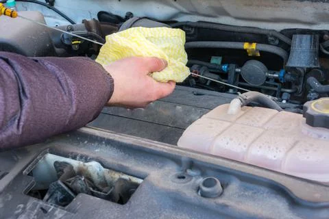 Closeup Car mechanic hand pulling motor oil dipstick for checking the engine  Stock Photos