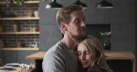 Closeup caring man cuddle blonde woman best love feeling tenderness and care Stock-Footage 166617926