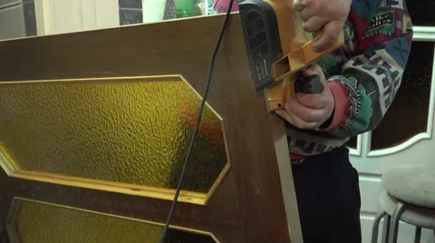 Closeup of Carpenter Working with the Electrical Jointer. Door Tuning. 4k Stock Footage 48144941