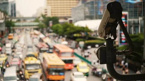 Closeup of cctv camera for traffic and security in urban city. blurred city back Stock Footage 114145170