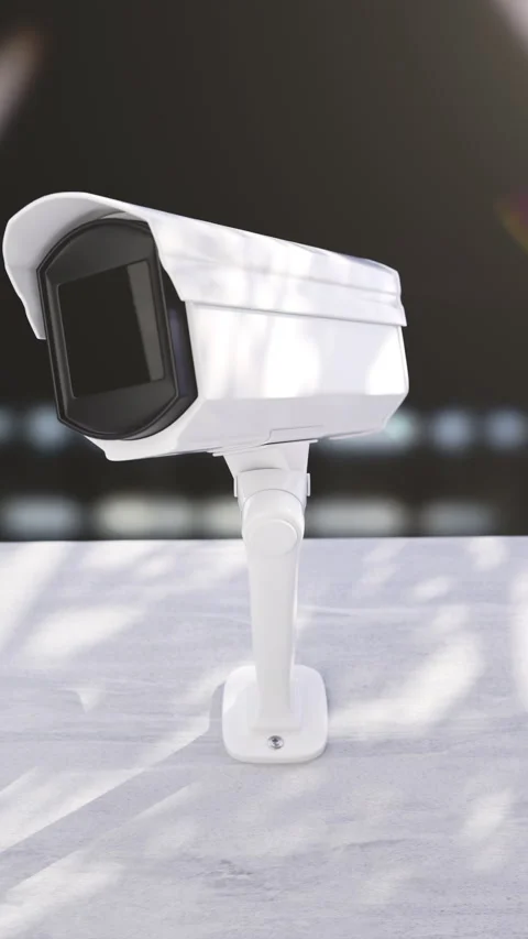 Closeup CCTV camera working mounted on a wall with blurry building city  Stock Footage 339373150