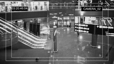 Closeup CCTV security camera on blurred inside the airport terminal background. Vídeo Stock 114303086