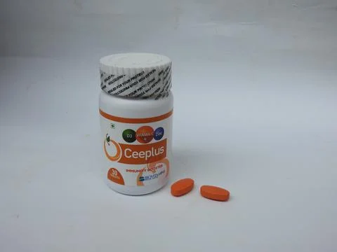 Closeup of Ceeplus Immunity Booster Tablets Plastic Container isolated on whi 스톡 사진