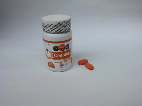 Closeup of Ceeplus Immunity Booster Tablets Plastic Container isolated on whi 写真素材