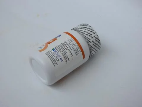 Closeup of Ceeplus Immunity Booster Tablets Plastic Container isolated on whi Foto stock