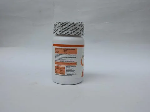 Closeup of Ceeplus Immunity Booster Tablets Plastic Container isolated on whi Foto stock