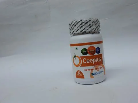 Closeup of Ceeplus Immunity Booster Tablets Plastic Container isolated on whi 스톡 사진