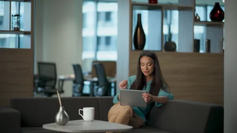 Closeup cheerful ceo dancing with tablet... | Stock Video | Pond5