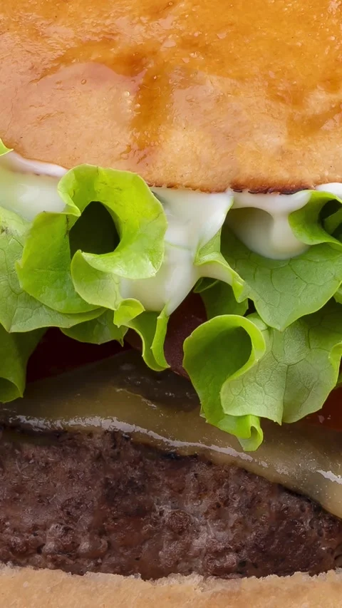 Closeup of cheeseburger with lettuce, tomato and mayonnaise Stock Footage 286259350
