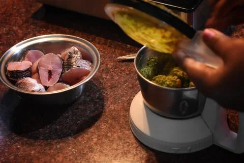 Closeup of chef hands preparing indian sea food. indian chef making sushi at Foto stock