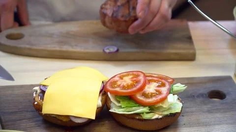 Closeup of chef making tasty hamburger Stock Footage 77042832