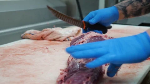 Closeup as chef trims off excess fat and gristle from meat with the knife Video stock 104931045