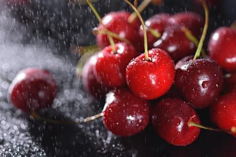 Closeup cherry with drops on black background Stock Photos