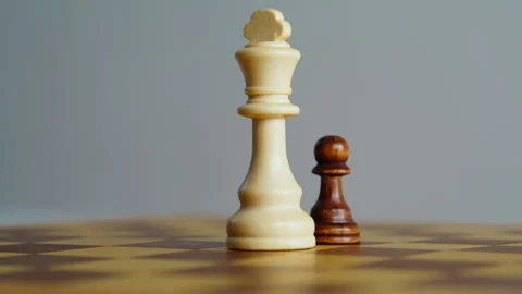 Closeup chess figures standing on chessboard. Brown pawn white king game pieces Stock Footage 332339434
