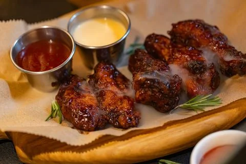 Closeup of chicken wings with dips served at restaurant Stock Photos