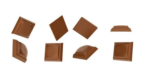 Closeup Chocolate cubes falling Isolated on white background 3d illustration Stock Illustration