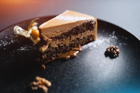 Closeup of chocolate nut cake with walnut and physalis on black plate Stock Photos