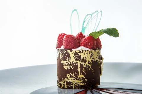 Closeup chocolate raspberry dessert with elegant decoration 写真素材