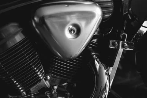 Closeup of chopper's chrome engine. Black and white Stock Photos