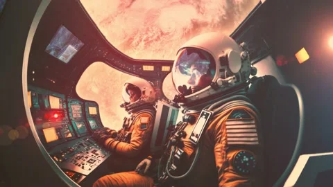 Closeup cinematic view of two astronauts inside spacecraft capsule landing from Stock Footage 224519982