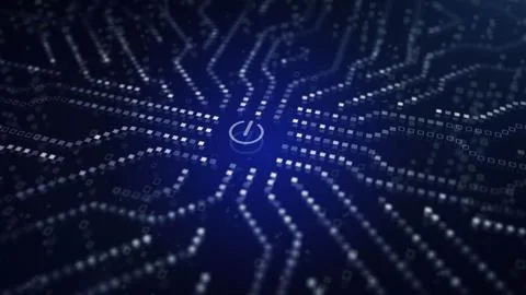 Closeup of circuit board with power button, electric blue colors Stock Photos