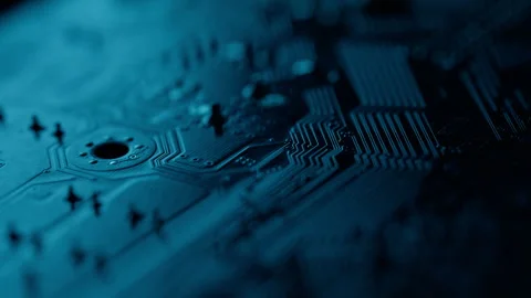 Closeup circuit connecting elements at tech motherboard. Component integrating Stock Footage 315282572