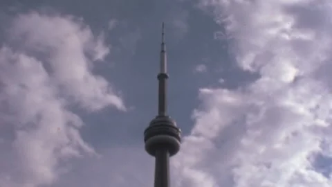 Closeup of CN Tower Tip in Blue Sky. Toronto Landmark Archival Footage in 1970s Stock Footage 239022682