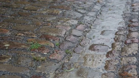 Closeup of cobblestone in the rain Stock Footage