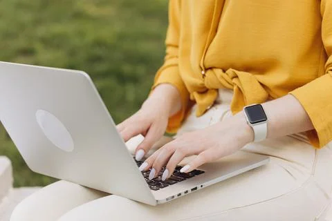 Closeup coding on computer, woman hands coding html and programming on screen Stock Photos