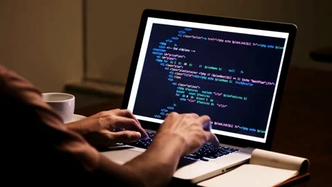 Closeup coding on Programmer working on online application database. Coder Stock-Footage 334586582