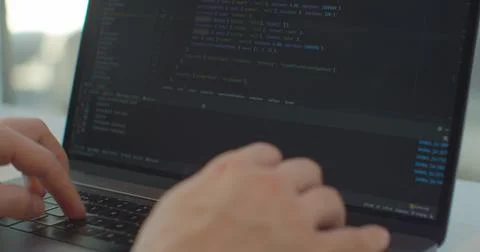 Closeup coding on screen, Man hands coding html and programming on screen laptop 스톡 사진
