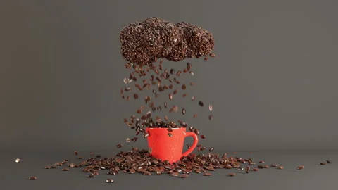 Closeup coffee beans falling down from cloud coffee on a Red cup of coffee. Stock Footage 284810701