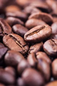 Closeup of coffee beans with focus on one Stock Photos