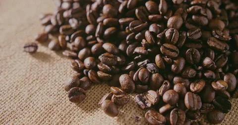 Closeup Of Coffee Beans On Hessian Sack 4K Video stock 86084779