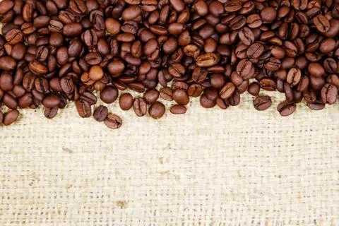 Closeup of coffee beans on sacking Stock Photos