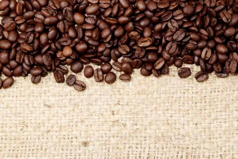 Closeup of coffee beans on sacking Stock Photos