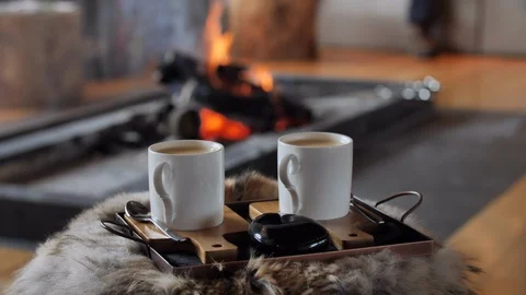 Closeup of Coffee By the Fireplace 스톡 동영상 128966215