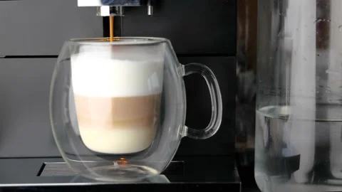 Closeup coffee machine process to make fresh latte Video stock 147718529