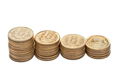 Closeup Coin Stack Isolated White Background Copy Space Stock Photos