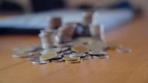 Closeup coin stacking on table slow motion zoom-in, Money saving concept Stock Footage 129549276