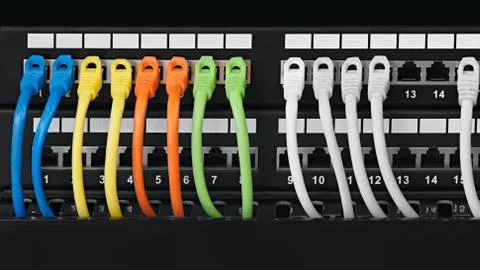 Closeup of  colored computer network cables  connected to a  switch Stock Photos
