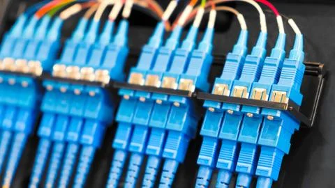 Closeup of  colored computer network cables  connected to a  switch Stock Photos