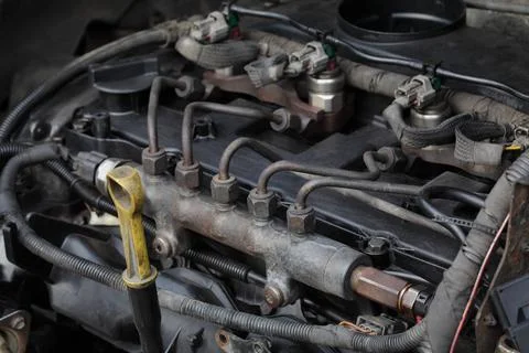Closeup of common rail diesel engine Stock Photos