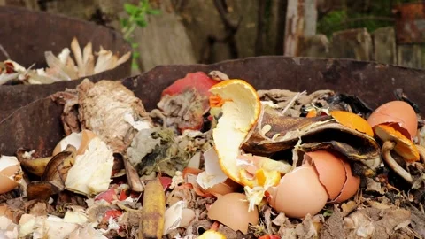 Closeup of compost pile in rusty metal container filled with food scraps like Stock Footage 309307271