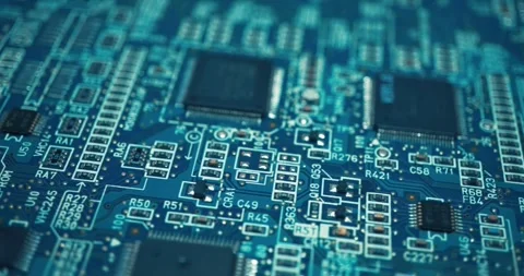 Closeup computer chip board processor circuit electronic data information Stock-Footage 336585416