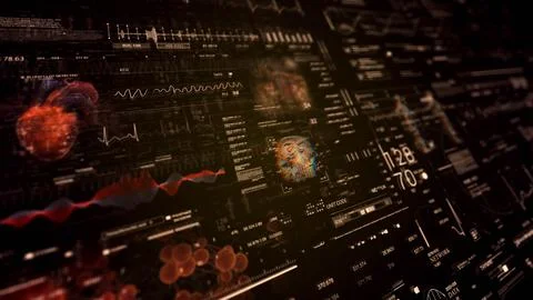 Closeup of a computer chip covered in numbers, resembling a cityscape at night 库存照片