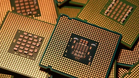 Closeup of Computer Chip Processors rotating on dolly. Stock Footage 93926833