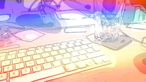 Closeup of computer on cluttered desktop Stock Footage 72892994